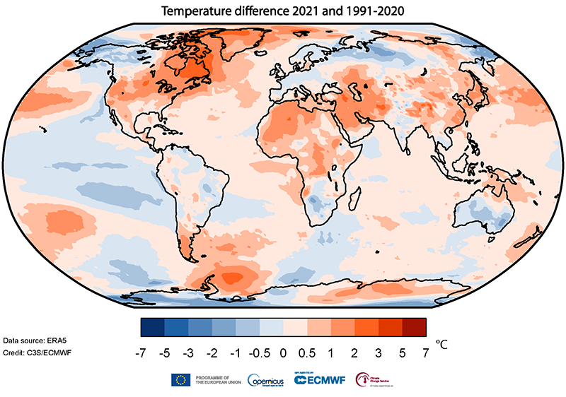 Air temperature at a height of two metres for 2021, shown relative to its 1991–2020 average. Source: ERA5. Credit: Copernicus Climate Change Service/ECMWF